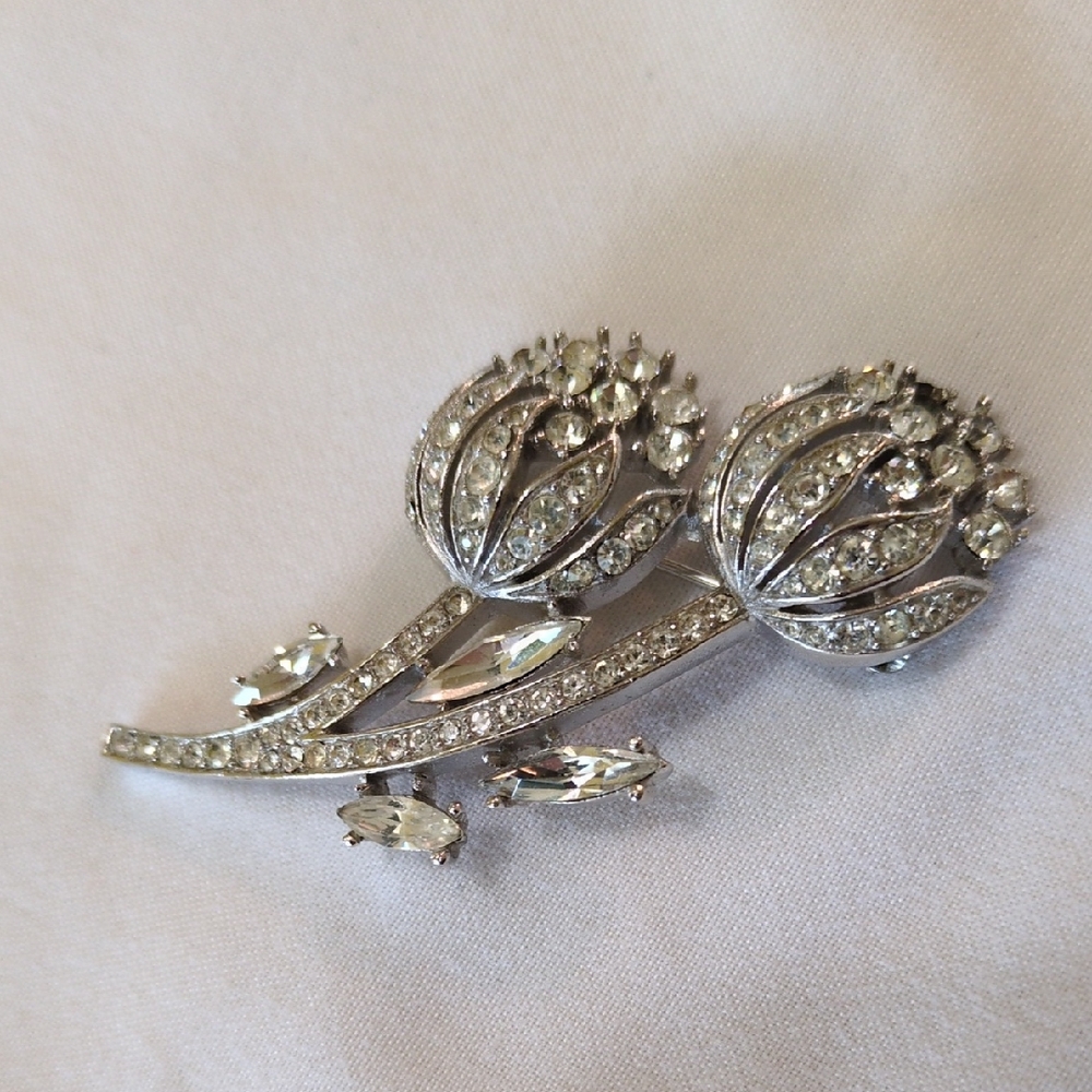 Vintage Trifari Silver Crystal Double Tulip Brooch